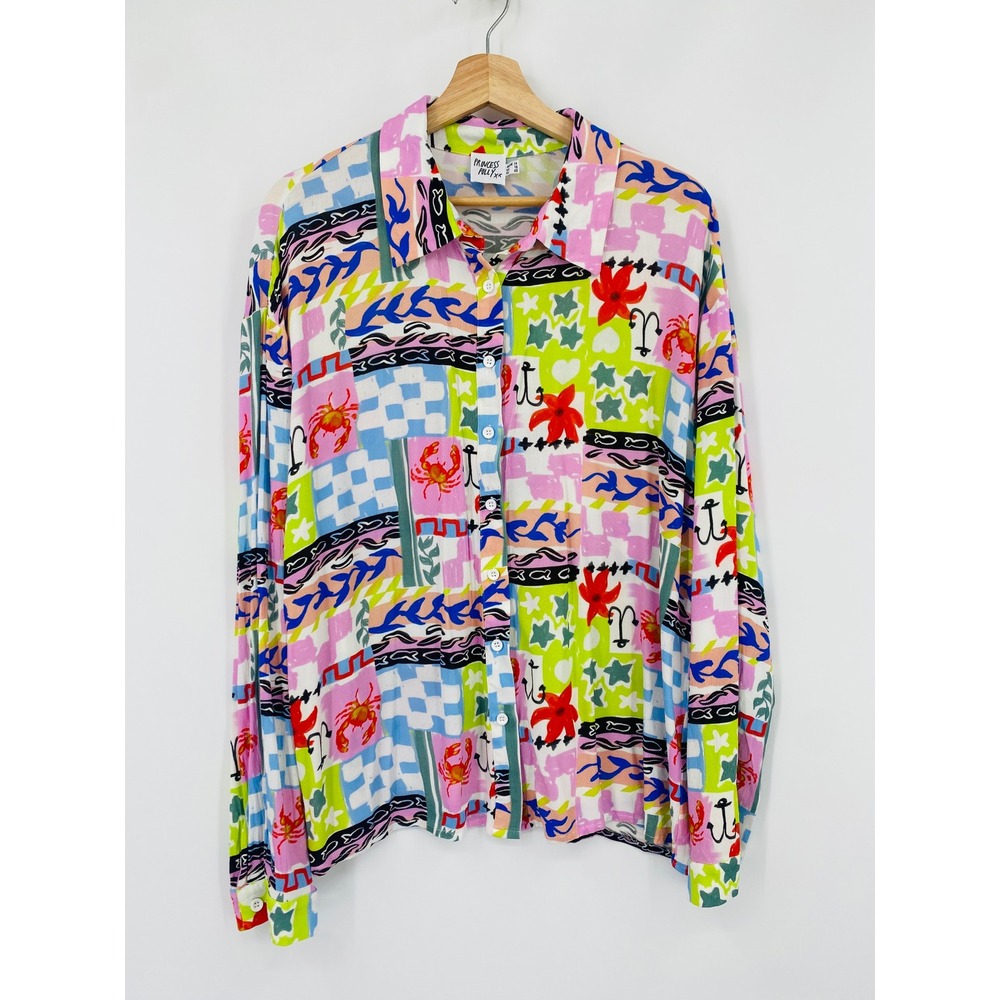 Princess Polly Shirt Women 10 Multicolor Abstract Nautical Crab Print Button Up